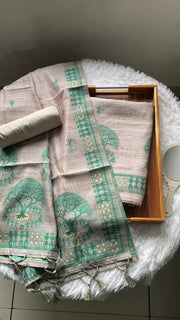 Aabroo Attire Beige & Sea Green Tussar Silk Unstitched Suit Set
